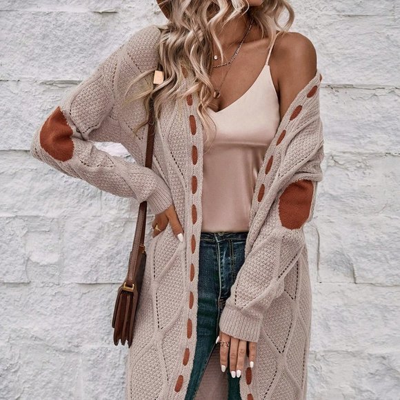 . Sweaters - Khaki Casual Womens Contrast Panel Drop Shoulder Open Front Cardigan